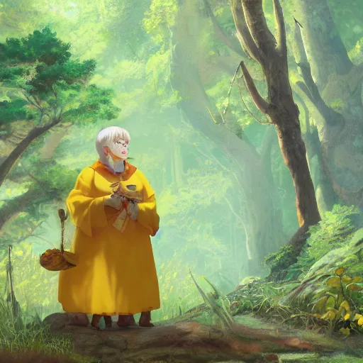 Image similar to concept art painting of an anthropomorphic grandma doe deer wearing yellow robes, in the deep forest, realistic, detailed, cel shaded, in the style of makoto shinkai and greg rutkowski and james gurney