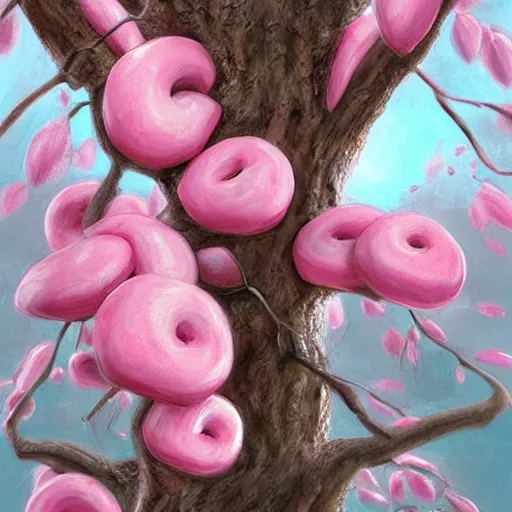 Prompt: Pink donuts growing from a tree branch, photorealistic, intricate, elegant, highly detailed, digital painting, artstation, concept art, smooth, sharp focus, illustration, art by artgerm