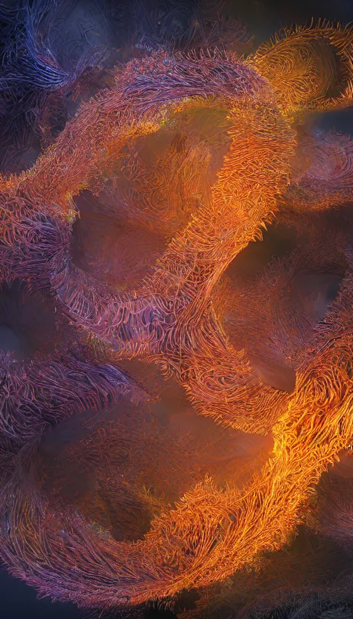 Image similar to 8 k uhd houdini recursive dna fractal structure, background bioluminescent swirling smoke wisps, natural palette, volumetric lighting, 1 8 mm lens