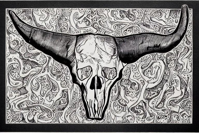 Image similar to Texas Longhorn Skull, skull bone carved with patterns, tritone, mixed media, fine linework, pen and ink, symmetry