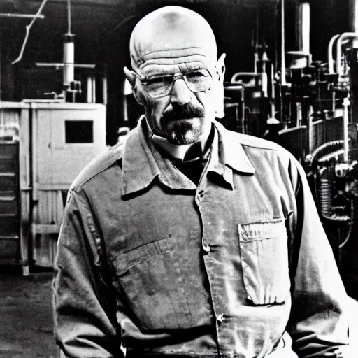 Prompt: vintage monochrome photograph of Walter White working in a munitions factory, highly intricate, highly detailed, 8k,