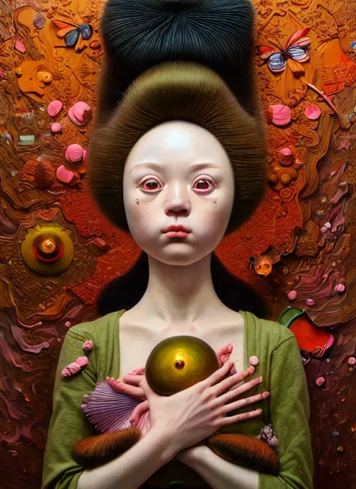 Image similar to hyper detailed 3d render like a Oil painting female kawaii portrait by Jacek Yerka, Ray Caesar, Benjamin Lacombe,Mariusz Lewandowski, Houdini algorithmic generative render, Abstract brush strokes, Masterpiece, Edward Hopper and James Gilleard, Zdzislaw Beksinski, Mark Ryden, Wolfgang Lettl, hints of Yayoi Kasuma, octane render, 8k