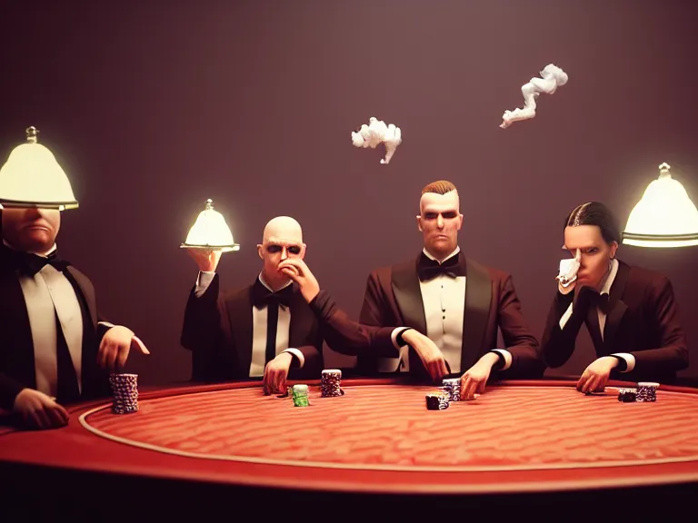 Image similar to hyperrealism simulation highly detailed human turtles'wearing detailed tuxedos and smoking, playing poker in surreal scene from cyberpunk movie from future by wes anderson and denis villeneuve and mike winkelmann rendered in blender and octane render