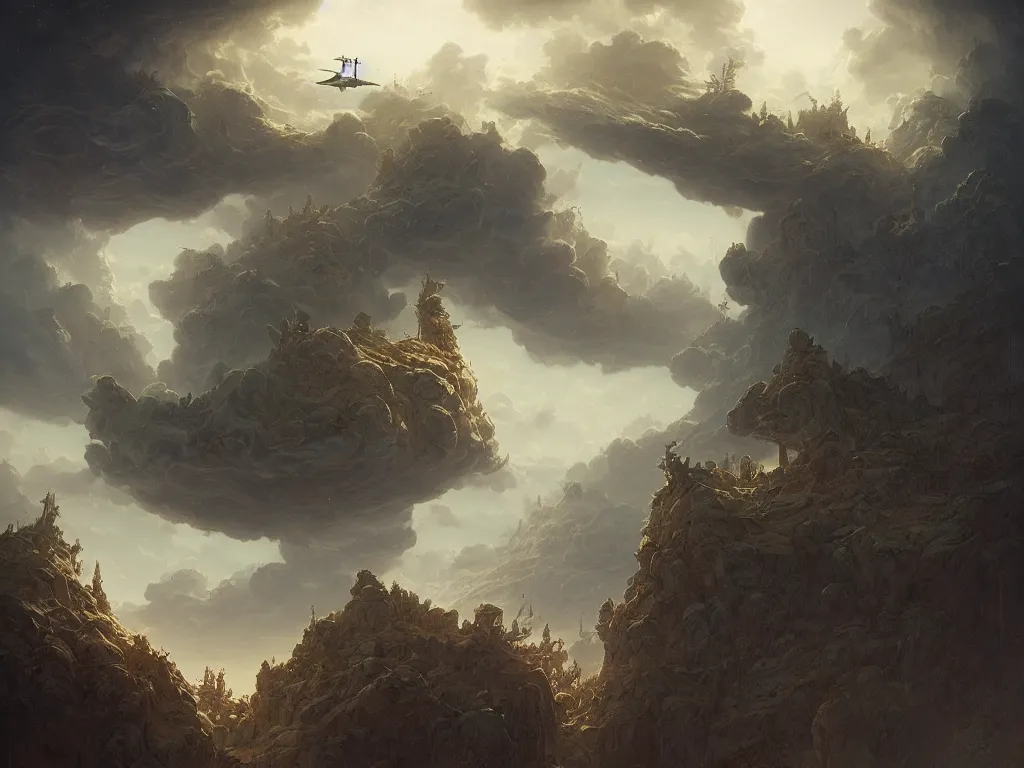 Prompt: a beautiful matte painting of a singular ufo by peter mohrbacher and m. c. escher and gustave dore and sam spratt, cinematic, dynamic lighting, concept art, realistic, realism, colorful