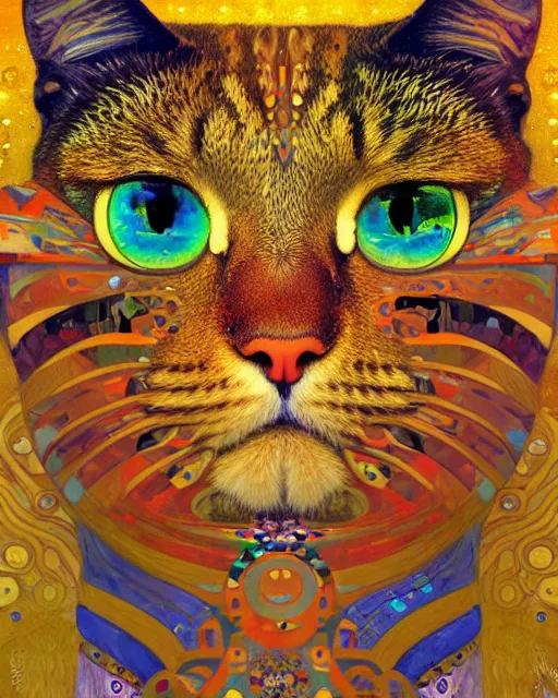 Image similar to cool cat portrait an oil painting splashes with many colors and shapes by gustav klimt greg rutkowski and alphonse mucha, polycount, generative art, psychedelic, fractalism, glitch art