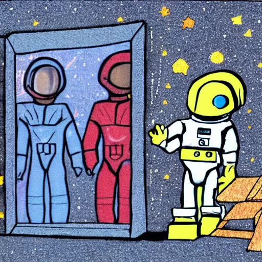 Prompt: an interior movie set made entirely of cardboard duct tape of an alien space ship, there's a window which is a poorly rendered jpeg of space, the astronauts are wearing blocky cardboard spacesuits, and the alien is a cardboard stand hastily colored in with crayon, photorealistic