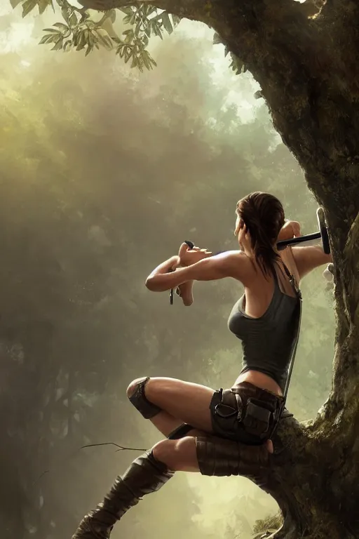 Image similar to lara croft sitting in a lotus position on a tree, foggy, close up, full body, backlit, oil painting, sunlit, paint texture, digital painting, highly detailed, artstation, sharp focus, illustration, concept art, ruan jia, charlie bowater, tom bagshaw, norman rockwell