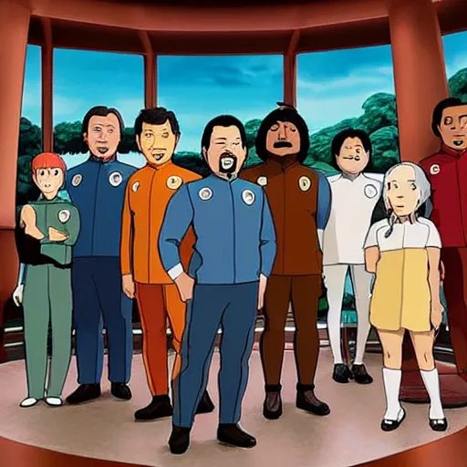 Prompt: Cast of The Orville on the bridge, studio ghibli