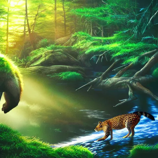 Prompt: animal life in the forest, river stream, predators and prey, vivid colors, realistic photo, environmental lighting, award - winning masterpiece photograph, cinematic view, studio ghibli, artgerm, high detail