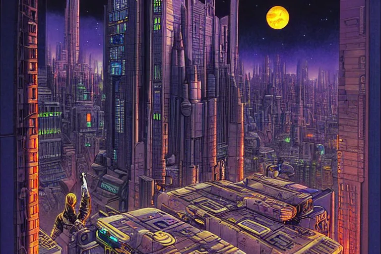 Prompt: a scifi illustration, Night City on Coruscant by joe jusko