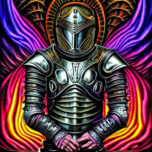 Image similar to medieval fantasy armored knight in the style of alex grey, TOOL band art, psychedelic, fractals, detailed, 8K