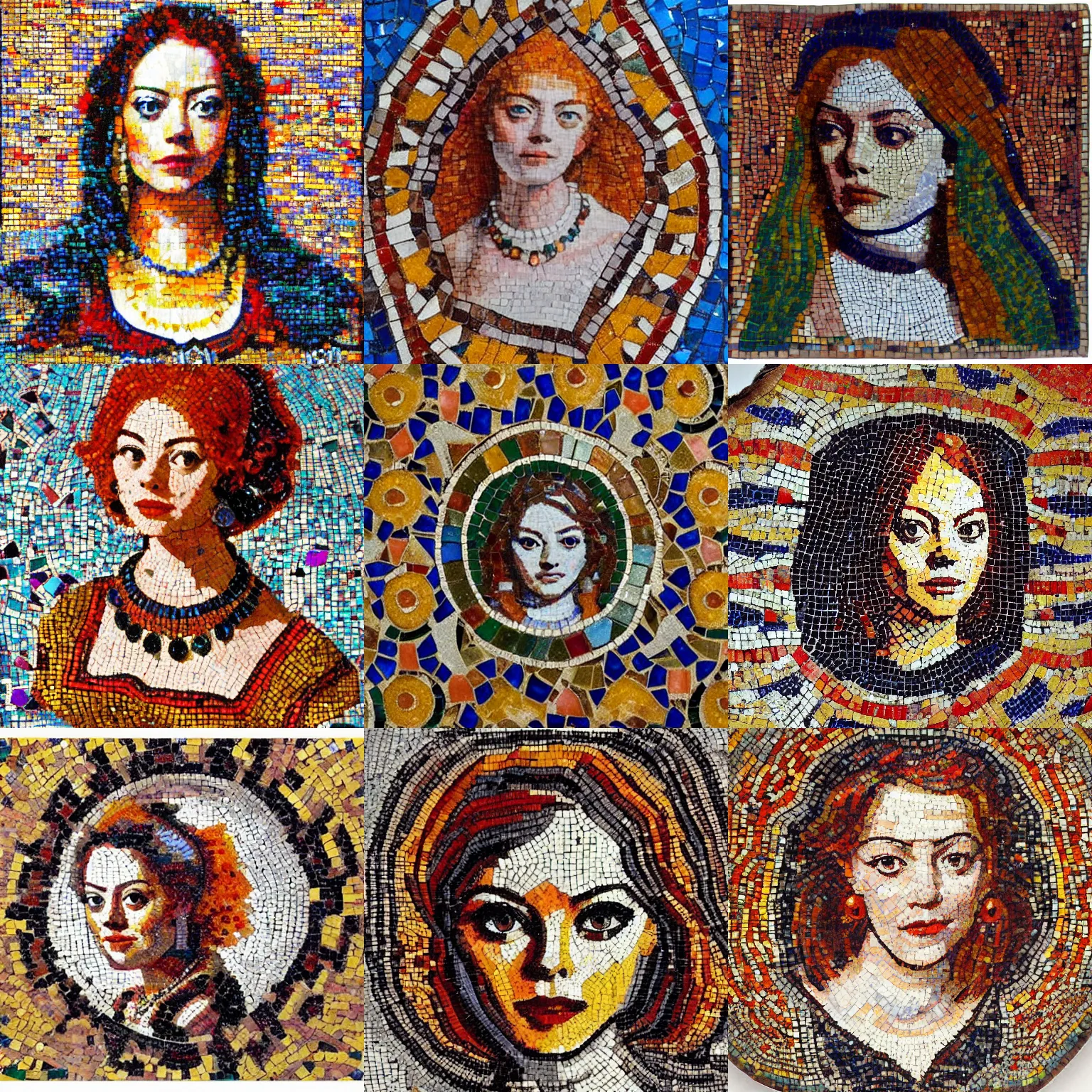 Prompt: incredibly beautiful, colorful, graceful, elegant, and sophisticated, detailed colorful'emma stone'in zeugma mosaic, made by rembrandt, many small and colorful stones, extreme detail, red hair