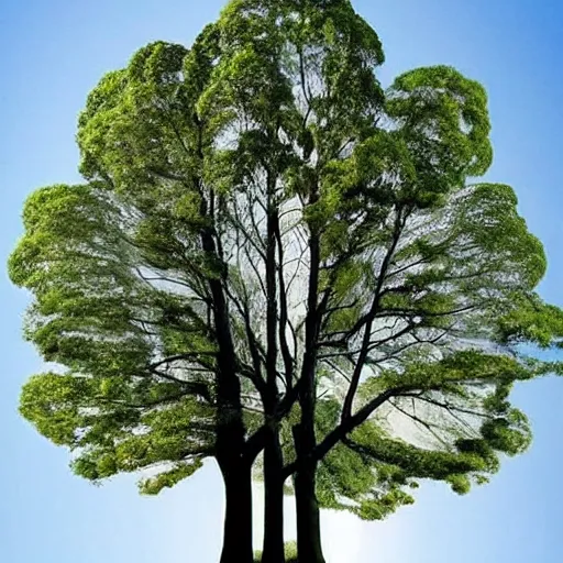 Prompt: a picture that does not show a human being, but is an optical illusion, but many recognize a human being in the structures. it could be trees that are such that the shape represents the shape of a human being.