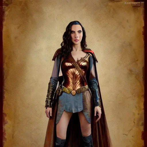 Image similar to highly detailed steampunk gal gadot standing, cape : leonardo da vinci, greg rutkowski, magali villeneuve