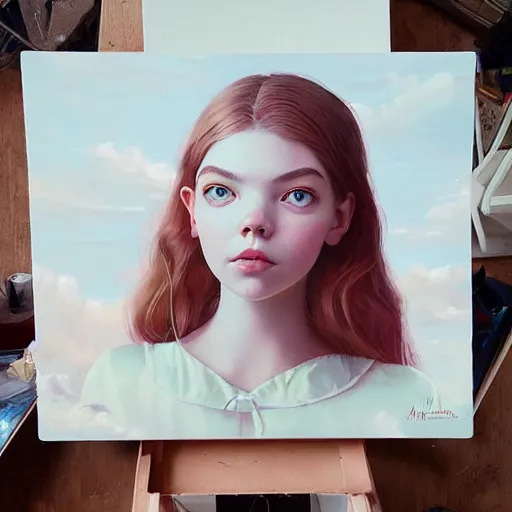 Prompt: a beautiful scenic painting of a beautiful young girl that looks like anya taylor - joy by artgerm and wlop and wes anderson and spike jonze