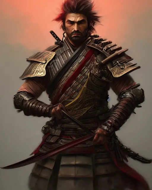 Image similar to full length portrait of a handsome and muscular ronin, square masculine facial features, short messy hair, katana, by wlop and peter mohrbacher, samurai, extremely detailed shading, concept art, digital painting, trending on artstation, unreal engine 5, octane render, atmosphere, glow, cinematic lighting, full of color