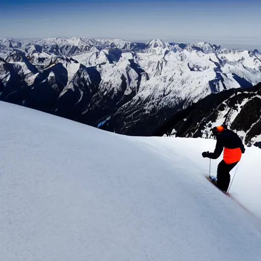 Image similar to skier in orange snow pants and black jacket skiing down a steep mountain face, far away view, photo realistic