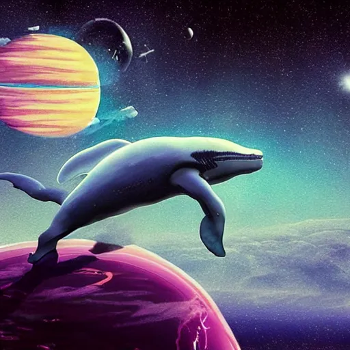 Prompt: astronaut riding on top of floating whale, in undiscovered place, space, exploration, science fiction, fine details, beautiful sky, infinite view, neon - n 1 0