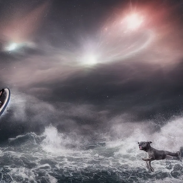 Prompt: photo of a dark gray white small spots coat pit bull with a white paws, surfing on a surfboard in a crashing wave of alien ocean in space, background is an alien galaxy, aliens in the background, alien colors, octane render, unreal engine, wide view, 8 k, high detaild