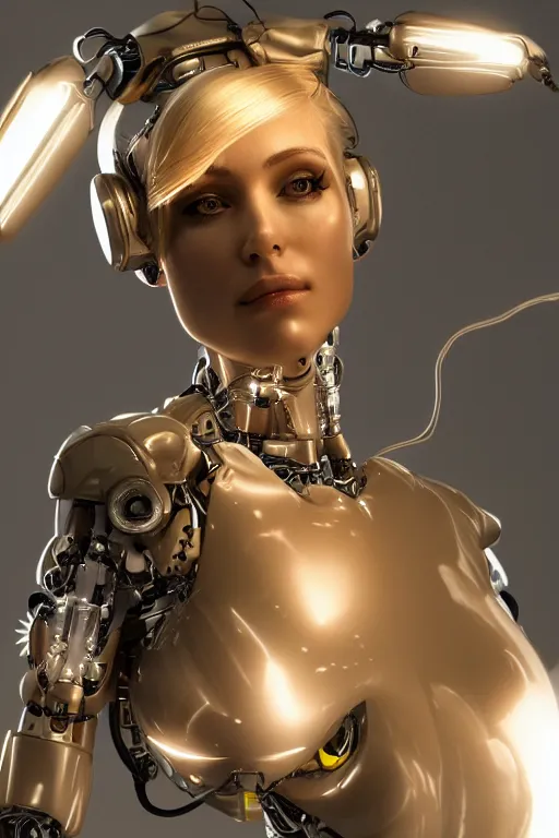 Image similar to a beautiful woman with blonde hair wearing robot suit with wires and light, highly detailed, photorealistic, artstation, smooth