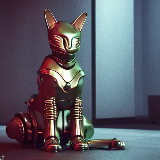 Image similar to cat with metal armor, octane render, 8 k, scyfy, cyberpunk