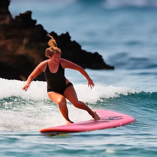 Image similar to queen elizabeth surfing in hawaii, smiling, having fun, golden hour, action photography