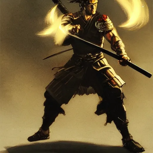 Prompt: samurai by frank frazetta, wielding a katana made of light, fantasy, very detailed, dungeons & dragons, sharp focus, striking, artstation contest winner, detailed