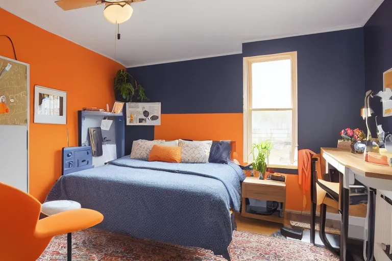 Image similar to a 10 by 11 foot room with a bed, desk, two wooden wardrobes, a little side table in a light wood veneer, a window, desk fan, table light, and an old TV, navy blue low pile carpet, and a ceiling fan gives off a dim orange light