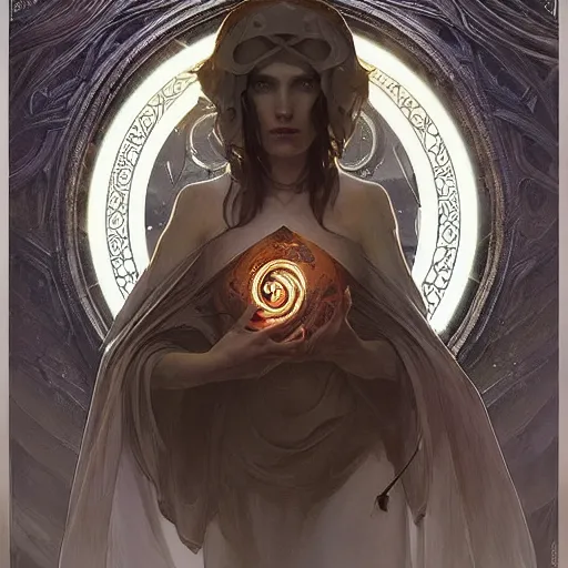 Image similar to “an eldritch tome with a portal on its pages, D&D, fantasy, intricate, cinematic lighting, highly detailed, digital painting, artstation, concept art, smooth, sharp focus, illustration, art by Artgerm and Greg Rutkowski and Alphonse Mucha”