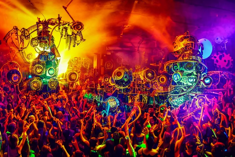 Image similar to scene is elrow party in amnesia in ibiza, portrait photo of a giant huge golden and blue metal steampunk robot, with gears and tubes, eyes are glowing red lightbulbs, audience selfie, shiny crisp finish, 3 d render, 8 k, insaneley detailed, fluorescent colors, haluzinogetic, background is multicolored lasershow