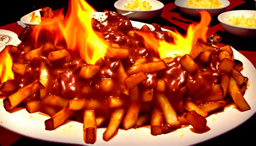 Prompt: poutine ( the canadian meal ) from mount doom, volcano texture, lava texture, fire texture, cheese curds texture