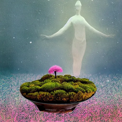 Image similar to A picture of a planet of various flowers, fungus and plants, Bonsai , in which the human figure is dressed in something magical and impressive, inside the picture is infinity, muted light, BotanicalAtmospheric phenomenon, artistic photography, muted colors, conceptual, Kodachrome