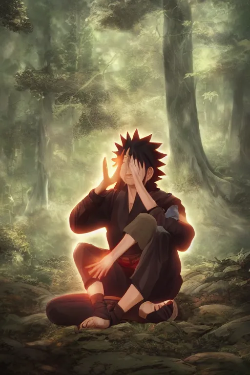 Image similar to photorealistic dark fantasy concept art of Naruto meditating in a forest, dynamic lighting, stunning visuals, realism, cinematic, hyper detailed, ultra detailed, beautiful visuals and sunset