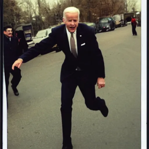 Image similar to polaroid image of joe biden chasing after a man.