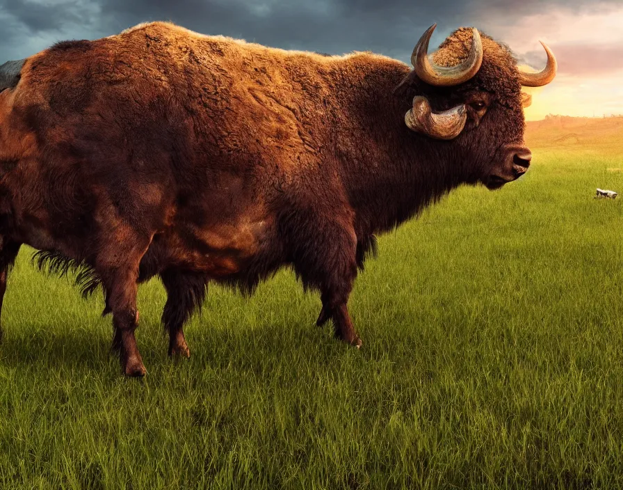 Prompt: fresh meat buffalo in middle of road eating grass, beautiful texture, beautiful graphics, fantasy artwork, very beautiful scenery, hd, hdr, ue 5, ue 6, unreal engine 5, cinematic 4 k wallpaper, 8 k, ultra detailed