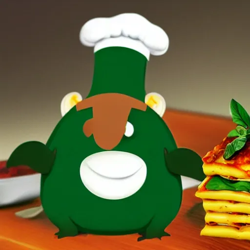 Prompt: cute platypus wearing a chef hat and holding a lasagna with three basil leaves over the lasagna, pixar style, ultradetailed