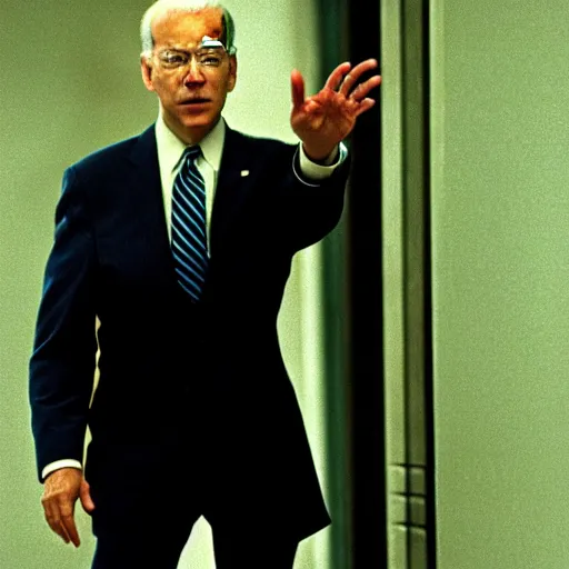 Prompt: Joe Biden as Agent Smith in The Matrix 1999, film still, cinematic lighting, promotional image, teaser exclusive on set photograph, sharp focus