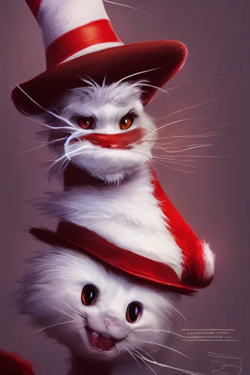 Image similar to complex 3 d render, hyper detailed, ultra sharp, of the cat in the hat, scary, cinematic, natural soft light, rim light, art by greg rutkowski and artgerm and caravaggio, dr seuss