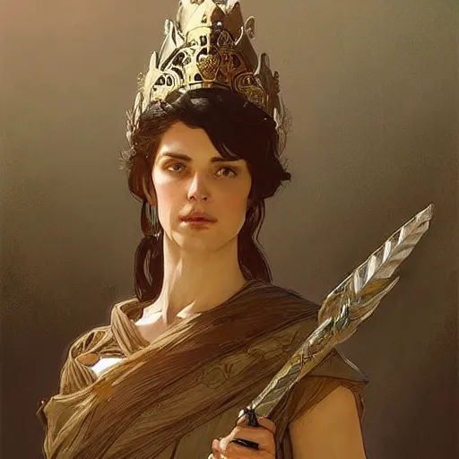 Prompt: a tall woman with dark hair with a crown on her head and a spear in her hand , highly detailed, digital painting, Artstation, concept art, smooth, sharp focus, illustration, art by Greg Rutkowski, Alphonse Mucha