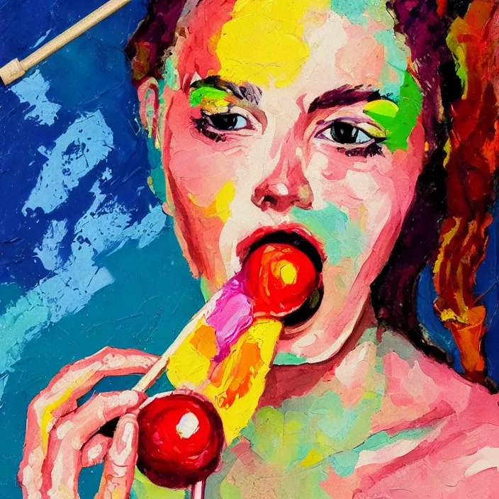 Image similar to portrait of beautiful woman licking a lollipop painted with colorful gouache impasto