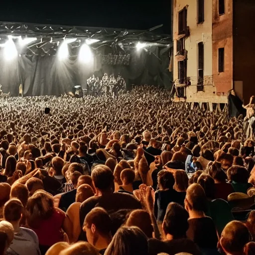 Prompt: raimondo vianello giving a speech in front of a huge crowd at a metal concert