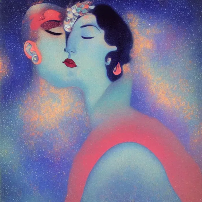 Prompt: close portrait of woman and man kissing. aurora borealis. iridescent, psychedelic lapis - lazuli, turquoise colors. painting by salvador dali, agnes pelton, utamaro, monet