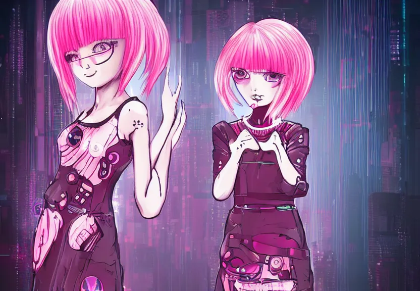 Image similar to little android girl with eccentric pink haircut wearing dress made by black feather, cyberpunk, anime style artwork, dark, neon, anatomically perfect