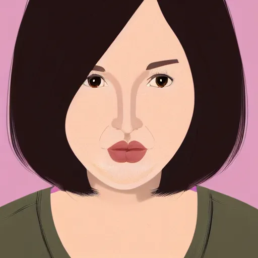 Image similar to chubby 30 year old brunette woman with straight hair in a short bob, round face, romanian heritage, brown eyes, olive skin, bulbous nose, big chin, wide face, no bangs, digital art, painterly, cartoon, cute, 8k, illustration, trending on artstation, medium shot, head and shoulders