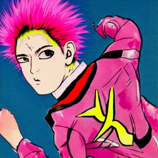 Prompt: boy with eccentric pink hair wearing a flashy suit, artwork made by hirohiko araki