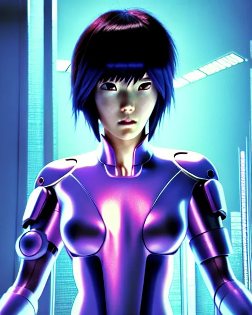 Image similar to weta disney pixar movie still portrait photo of motoko kusanagi ghost in the shell : : as cyborg woman by pixar : : by weta, wlop, ilya kuvshinov, rossdraws, artgerm, marvel, maxim cover, latex, octane render, sweaty, iridescent, bright morning, anime, liosh, mucha : :