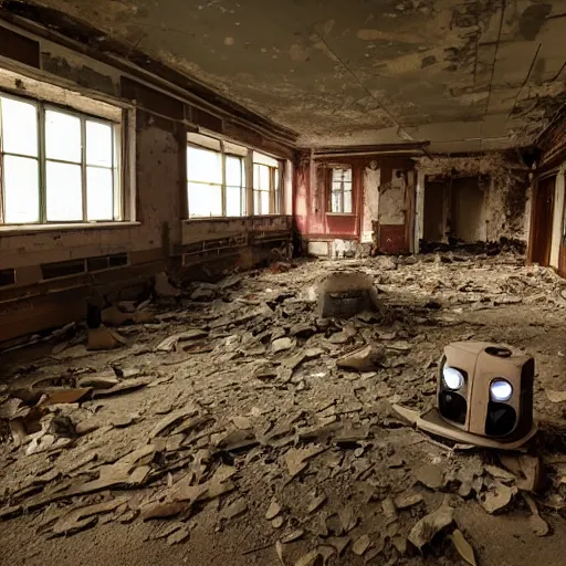 Image similar to a vintage abandoned filmset investigated by curious robobots