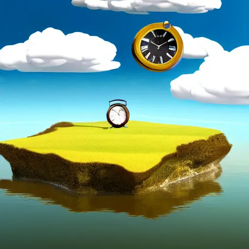 Image similar to a clock floating on an floating island, there are clouds around, it is on earth, on the background there are other floating islands too, floating at the ozone layer, cartoony, 4 k resolution, award winning