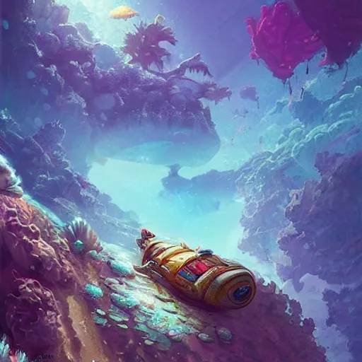 Prompt: Astronauts are riding some mythical animals, they are swimming under the sea, this is an extravagant planet with wacky and vibrant wildlife, the background is full of ancient ruins, by Jordan Grimmer digital art, trending on Artstation,