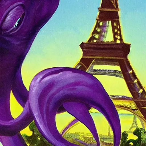 Prompt: Giant purple octopus climbing the Eiffel Tower, concept art by Ray Harryhausen